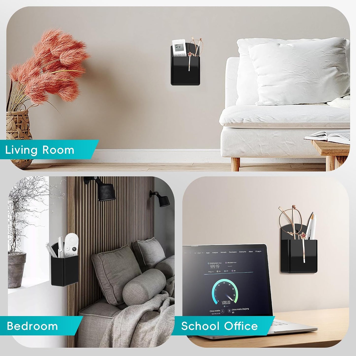 DRQ 2-Pack Remote Control Holder, Adhesive Wall-Mount Remote Holder, Black | TV controller organizer doubles as a wall pen holder for desk accessories and small-item storage at home, office, or school.