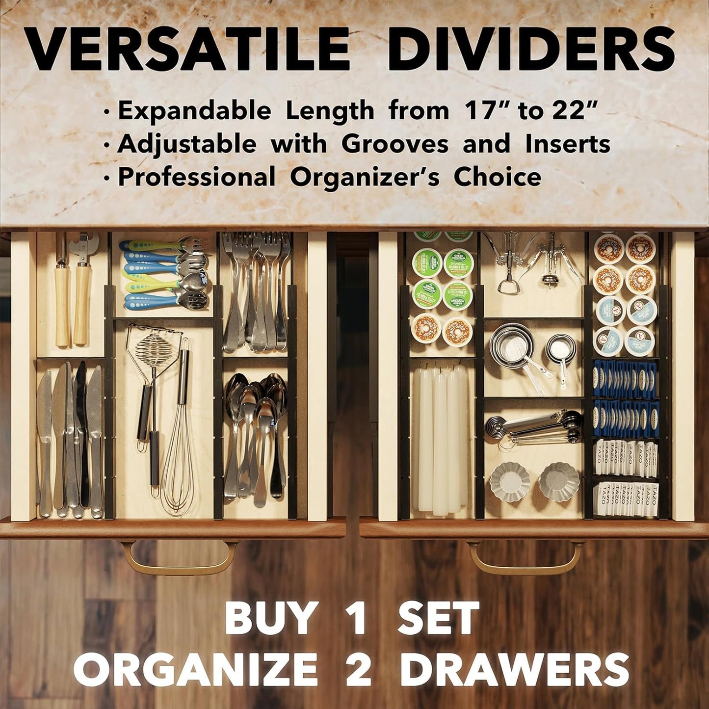 SpaceAid Bamboo Drawer Dividers with Inserts and Labels, Kitchen Adjustable Drawer Organizers, Expandable Organization for Home, Office, Dressers, 4 Dividers with 9 Inserts (17"-22" Natural)