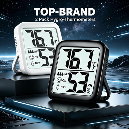 2 Pack Room Thermometer Indoor Hygrometer | Monitor Temperature & Humidity, Accurate, Fast Read, Easy To View, Magnetic/Kickstand/Hanging, ℉/℃, w/ Battery, Compact