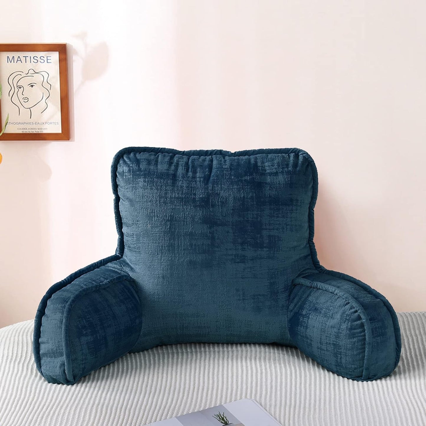 DIY Assembly Art Velvet Backrest Reading Bed Rest Pillow with Arms & Pockets, 18" H for Sitting in Bed Couch Sofa, Back Support Cushion with Removable Cover, 20"x18"x17", Aqua