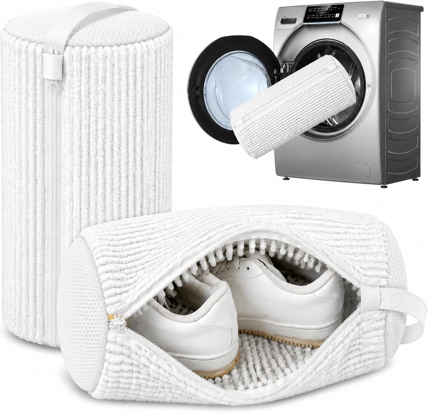Reusable Shoe Washing Bag, 2-Pack Chenille Laundry Bag for Washer & Dryer. | Soft chenille fibers help deep clean sneakers while the hidden zipper keeps shoes secure and helps protect your washer.