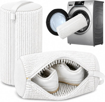 Reusable Shoe Washing Bag, 2-Pack Chenille Laundry Bag for Washer & Dryer. | Soft chenille fibers help deep clean sneakers while the hidden zipper keeps shoes secure and helps protect your washer.