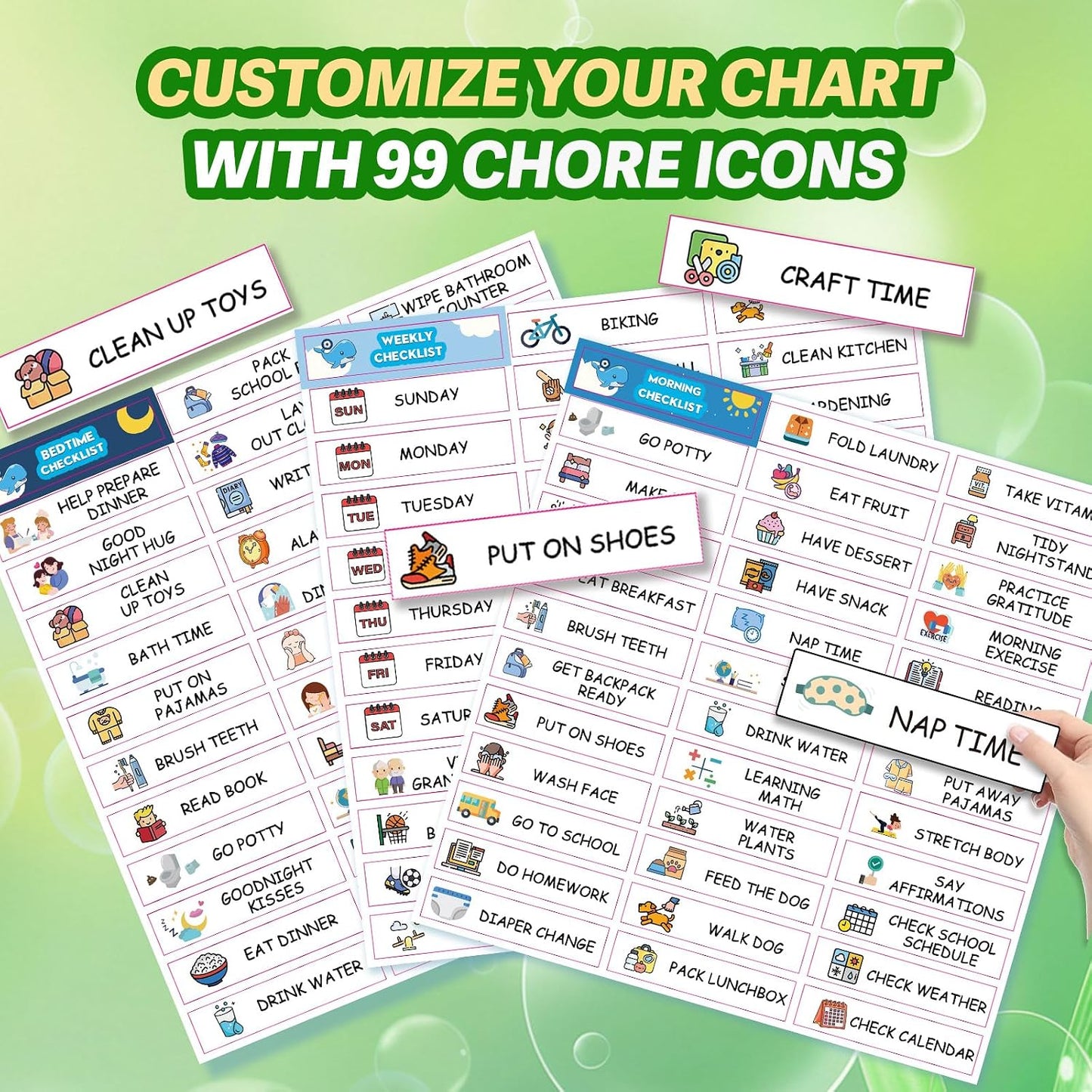 Upgraded Slider 3 in 1 Bedtime/Morning/Weekly Routine Chart for Kids, Magnetic Chore Chart for Kids with 99 Stickers, Cute Visual Schedule for Kid