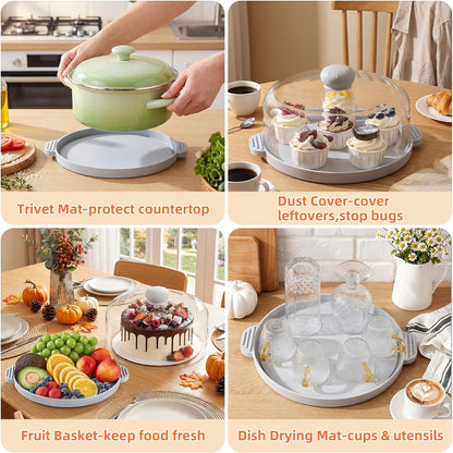2 in-1 Glass Microwave Cover for Food-10.23” Tempered Glass Microwave Splatter Cover & Food Grade Silicone Tray with Anti-Scald Handles,Tall Glass Plate Guard with Vent Holes-BPA Free,Dishwasher Safe
