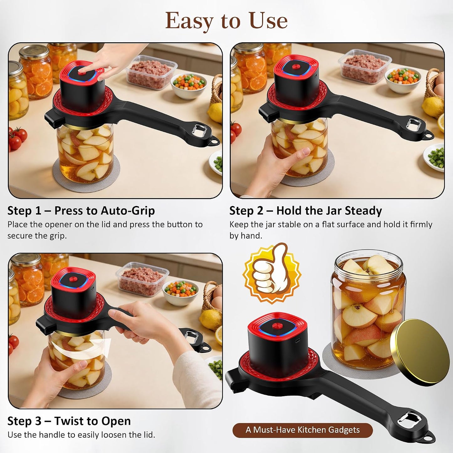 Electric Jar Opener for Seniors with Auto-Adjusting Gripper,Fit 1"-3.5" Cap | Rechargeable Jar & Bottle Openers for Weak Hands and Arthritis, Easy Twist Off Lid Opener with Rubber Gripper Pad，Red