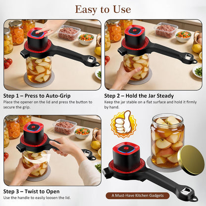 Electric Jar Opener for Seniors with Auto-Adjusting Gripper,Fit 1"-3.5" Cap | Rechargeable Jar & Bottle Openers for Weak Hands and Arthritis, Easy Twist Off Lid Opener with Rubber Gripper Pad，Red