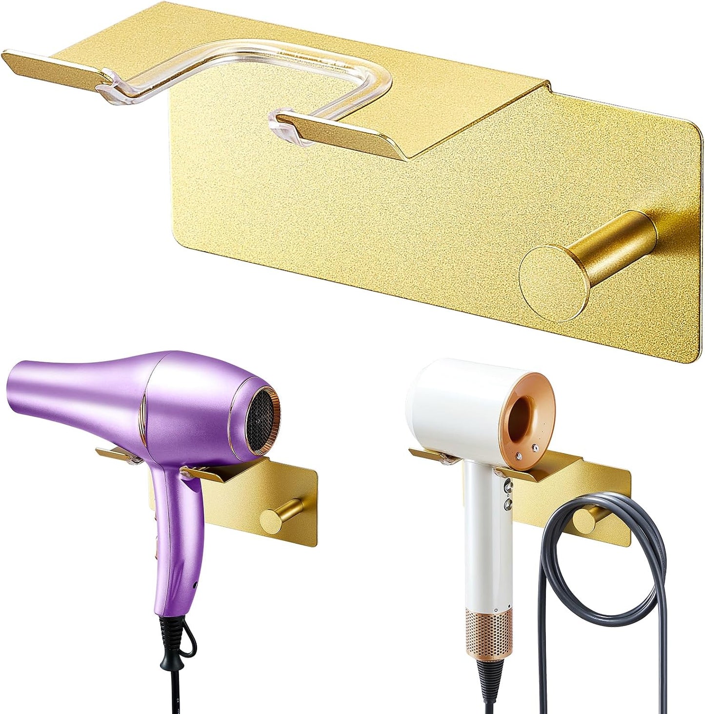 Hair Dryer Holder Wall Mounted, Blow Dryer Holder Adhesive, Metal Hairdryer Holder for Bathroom, Hair Tool Organizer with Plug&Cord for Cabinet Bathroom Bedroom Barber Shops (Rose Gold)