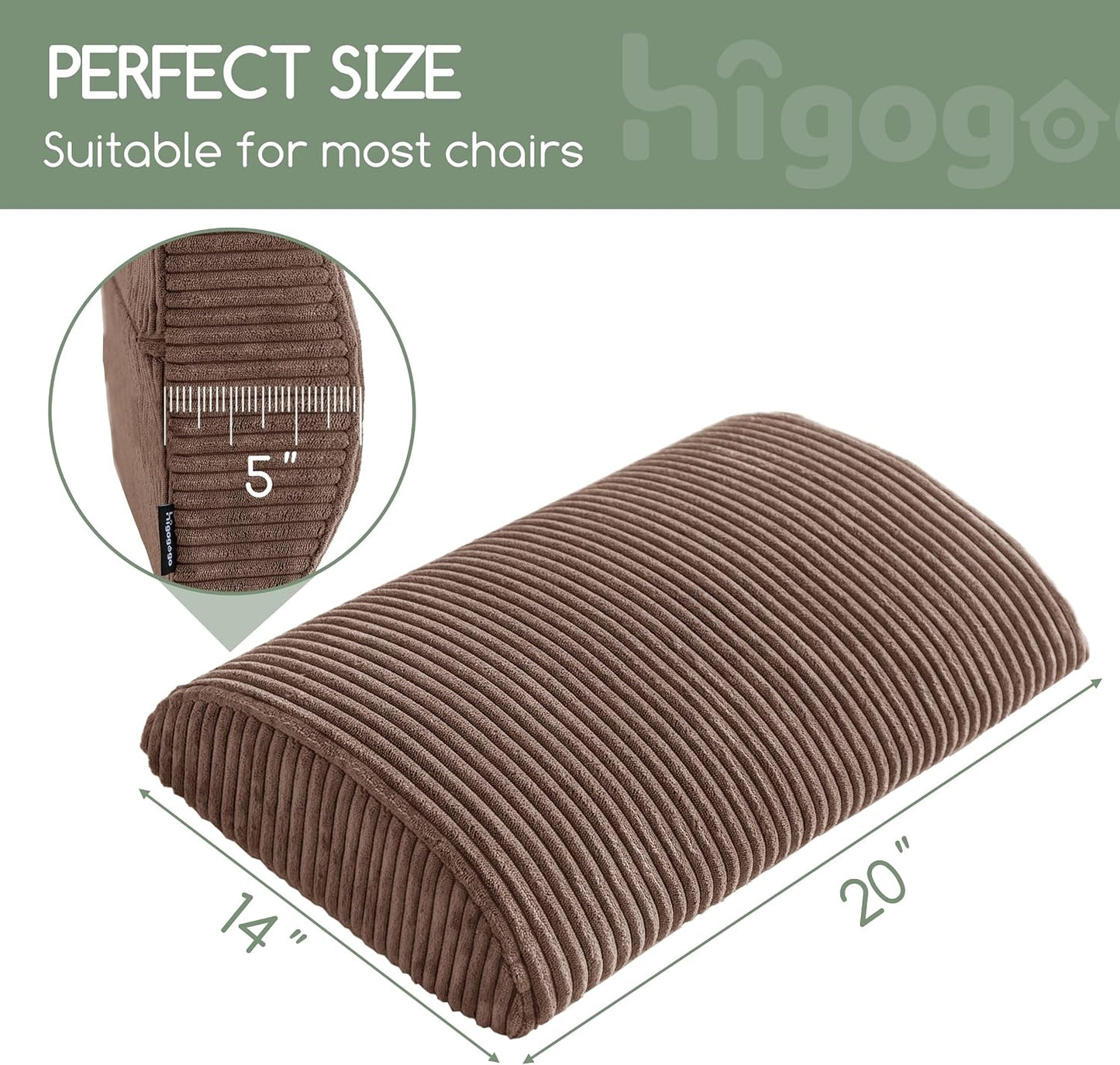 HIGOGOGO Lumbar Support Pillow for Recliner Chair/Accent Chair/Couch, Memory Foam Back Support Cushion for Elderly, Recliner Cushions for Back Rest, Pain Relief, Reading, Washable Cover, Brown