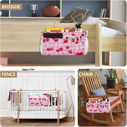 Bedside Caddy Hanging Bunk Bed Caddy Bed Organizer Hanging Pocket with 2 Hooks Bedside Storage Organizer Pocket Bag Holder Checkered Light Green - Colors B