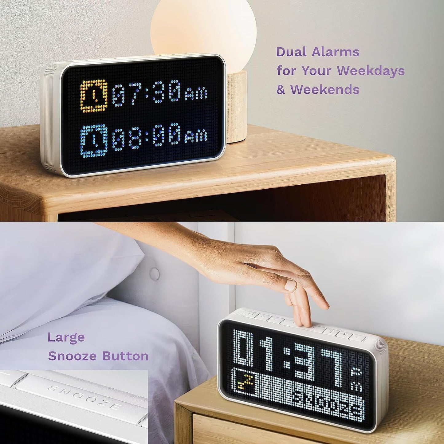 Dekala Bed Shaker Loud Alarm Clock for Heavy Sleepers Adults, Vibrating Dual Alarm Clocks for Bedrooms, Large Display Auto Dimmer,Temperature & Humidity Detect, 7-Day Programmable, Ideal Gift