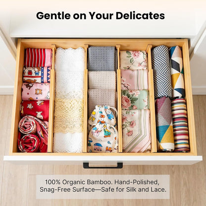 4 Pack 6" Deep Bamboo Drawer Dividers, 17-22" Expandable Kitchen Organizers | Adjustable Spring-Loaded Tension Separators with Foam Pad for Clothes, Utensils, Kitchen, Dresser, Nursery & Bathroom