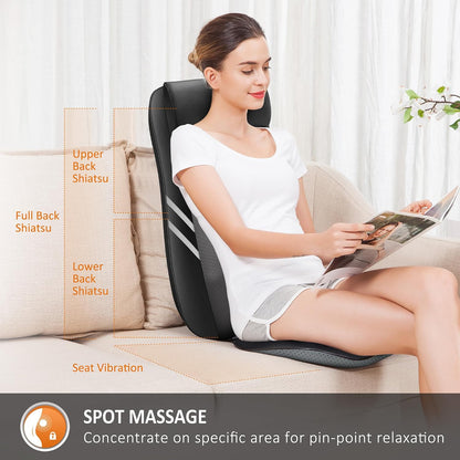 Snailax Shiatsu Back Massager with Heat, Deep Kneading Massage Chair Pad for Neck, Shoulders, Full Back & Waist, Adjustable Roller Massage Seat Cushion for Home Office, Pain Relief, Gift for Men Women