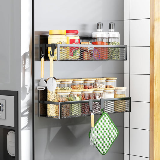 Aufworld Magnetic Spice Rack for Refrigerator, 3 Pack Magnetic Shelf, Moveable Fridge Organizer with 8-Hook Rack, Seasoning Organizer for Kitchen