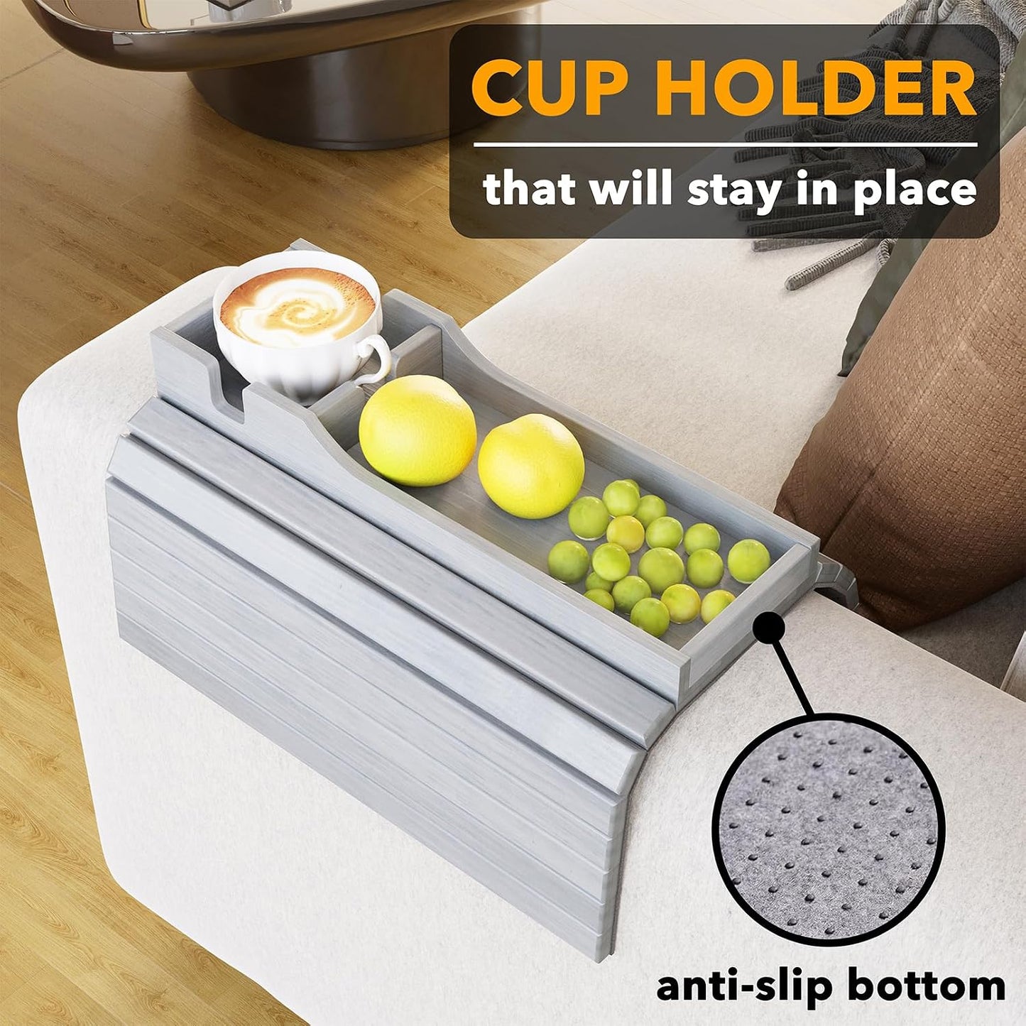 SpaceAid Bamboo Couch Cup Holder, Anti Falling Foldable Sofa Armrest Tray with Cup Holder, Couch Arm Side Table Organizer for Drink Cup Remote Snacks (Natural)