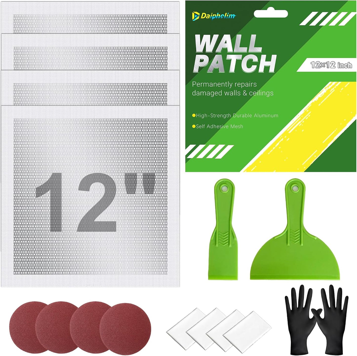 12 x 12 Inch Drywall Repair Kit – 4 Pcs Large Drywall Patch for Wall & Ceiling Holes, Heavy-Duty Aluminum Self-Adhesive Mesh, Includes Plastic Drop Cloths, Scrapers, Sandpaper & Gloves - Quick Fix