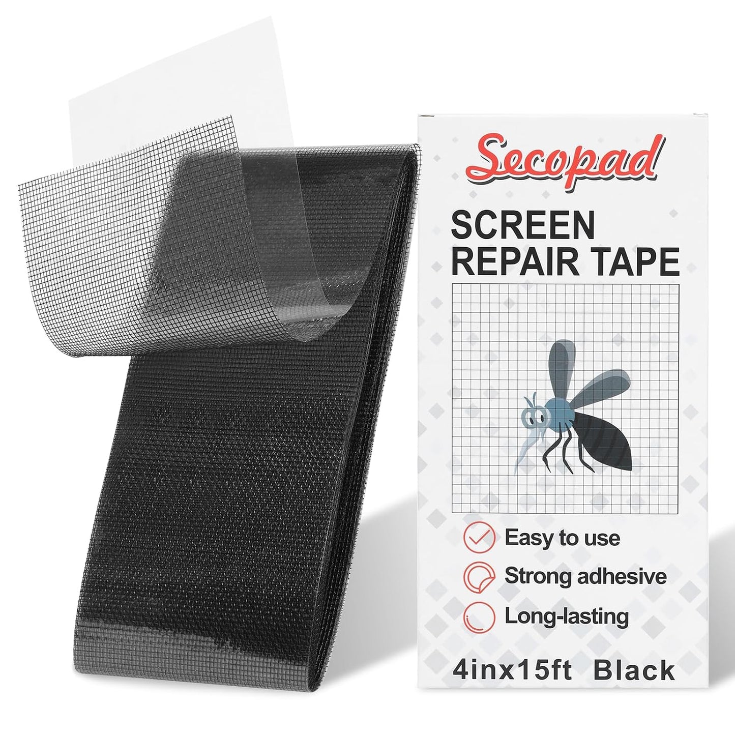 Secopad 2" x 180" (15FT) Screen Repair Tape, Fold Screen Repair Kit, Grey | Window Screen Patch, Quick Repair, Strong Adhesive, Easy to Use, For Mesh Window & Door, Cuttable Fiberglass, No Tools Needed