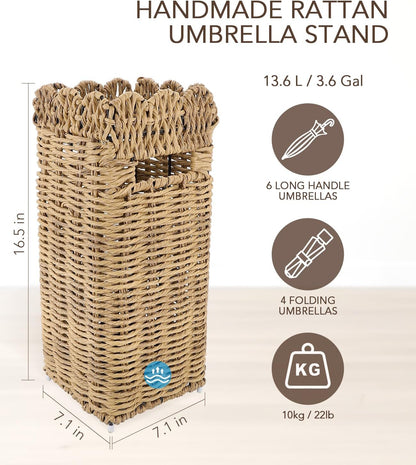 AceList Woven Umbrella Stand for Entryway, PE Rattan with Drip Tray | Scalloped cane holder for umbrellas, walking sticks & wrapping paper, farmhouse porch decor, removable base, sturdy 16.5 inch
