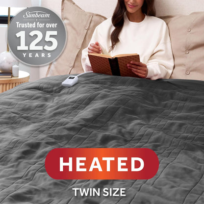 Sunbeam Royal Posh Dove Grey Heated Personal Throw / Blanket, Cozy-Warm, Adjustable Heat Settings