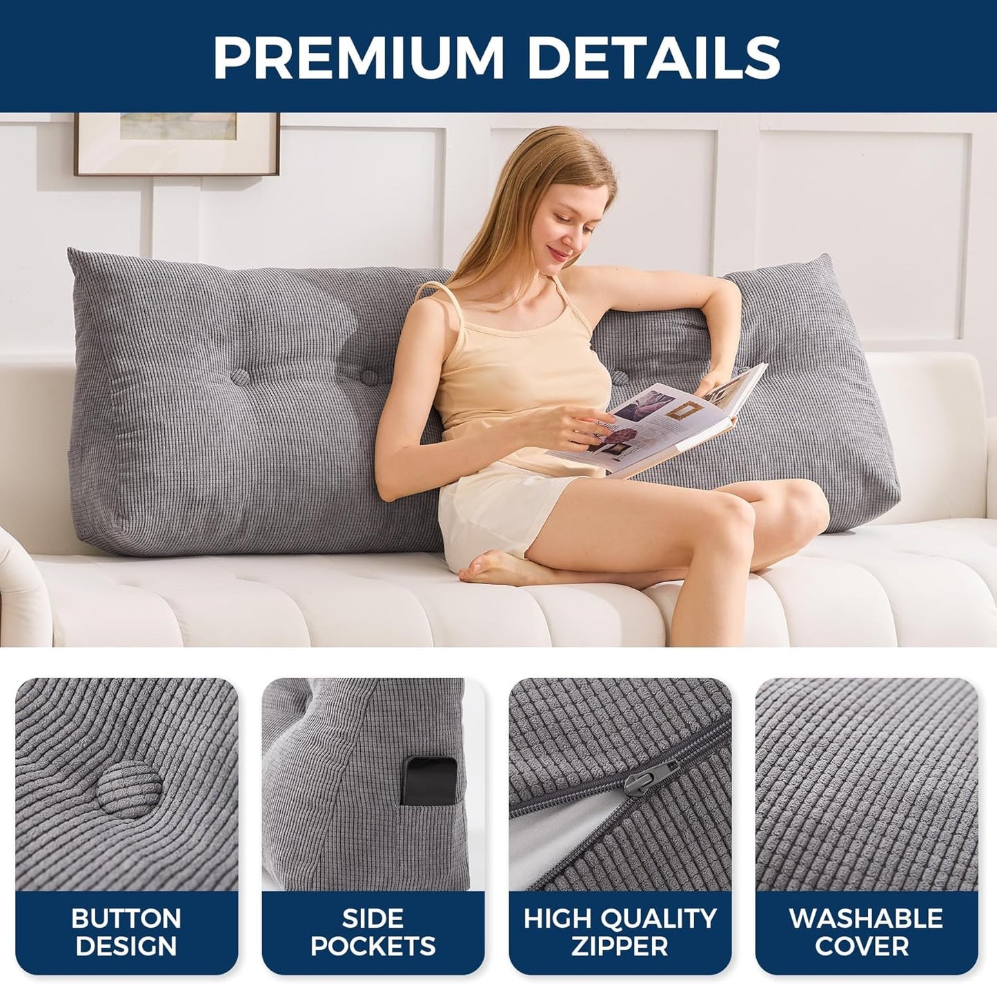 IASEAHK Headboard Pillow Queen, Triangle Pillows for Headboard, Head Board Backrest Wedge Pillow for Reading Sitting Working, Daybed Pillows with Removable Cover for Bed Dorm Sofa, Dark Grey