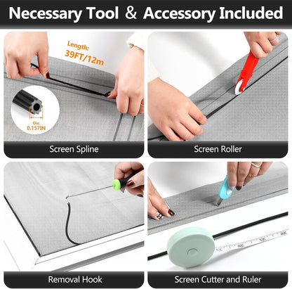 Secopad Window Screen and Screen Door Mesh Repair Kit, Black, 48in x 177in | Replacement Tools Kit, Easy to Install, Extra Large, Durable Fiberglass, Pet and Kid Friendly, For Window Door Patio & Porch