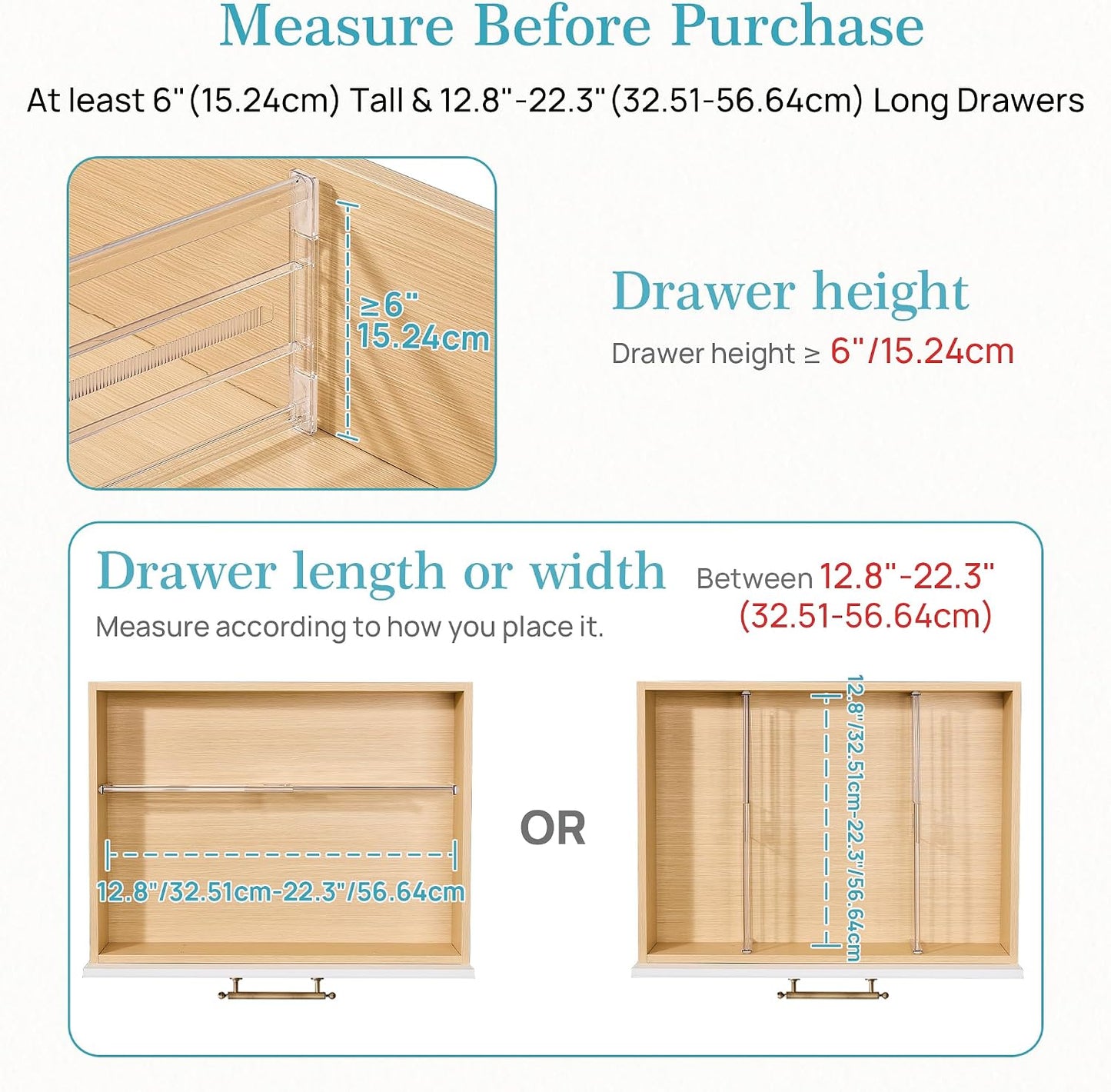 Vtopmart 2.36" Drawer Dividers with Expandable Inserts, 12.8"-22.3", 8 Pack | Adjustable Kitchen Drawer Organizer, Clear Organizer Separator for Flatware, Utensil, Cutlery, 8 Dividers with 14 Inserts