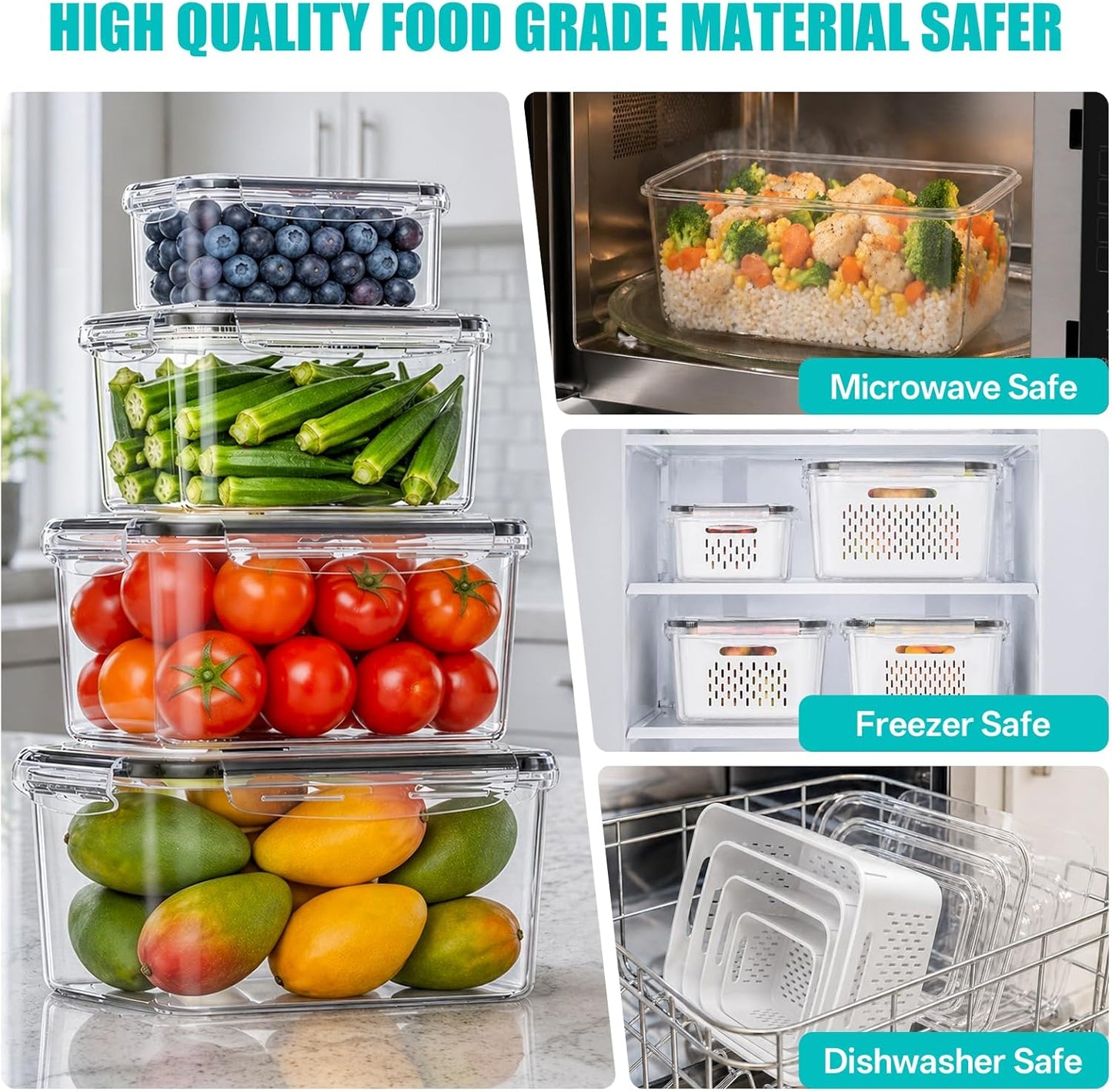 HOMETALL 4 Pack Fruit Storage Containers for Fridge Set, Produce Containers for Fridge with Strainer, Plastic Reusable Fridge Organizers and Storage for Berry Salad Lettuce, Size 3.4, 1.8, 0.9, 0.4QT