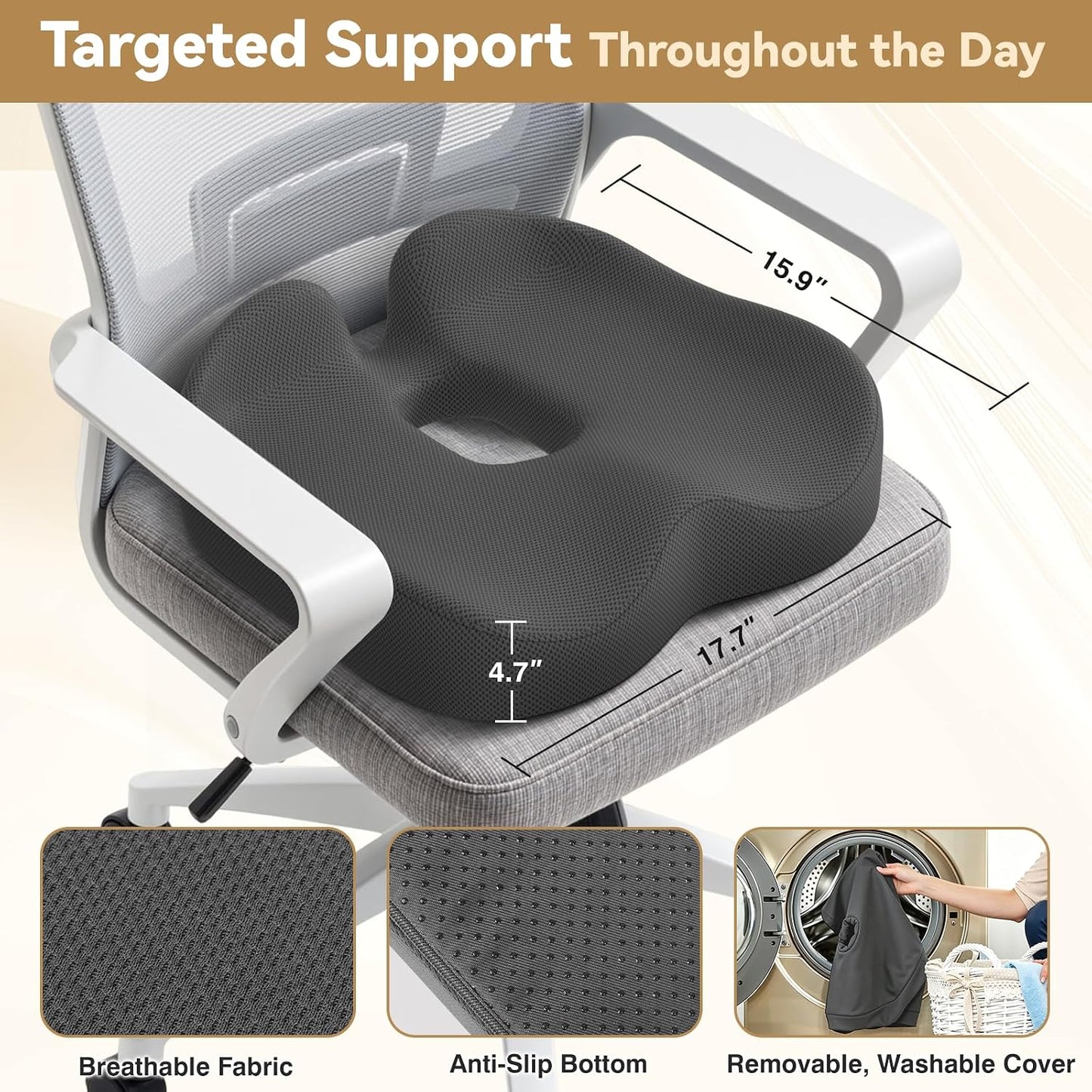 TushGuard 4-Zone Ergonomic Seat Cushion with Coccyx Cutout, Black | Office Chair Cushions for Tailbone Pain, Non-Slip Bottom, Breathable Washable Mesh, Versatile Use for Car, Office, Wheelchair