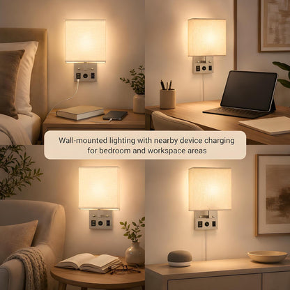 Vrisa Wall Sconces Wall Lamps for Bedrooms Set of 2 Plug in Bedside Lights Wall Mounted with USB Ports Outlet Wall Light Fixtures for Bedroom Living Room Black (2 Bulbs Included)