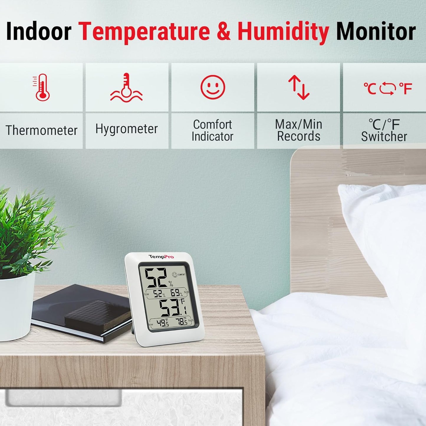 TempPro TempAir Digital Hygrometer Indoor Thermometer Humidity Monitor | Humidity Meter Room Thermometer Humidity Gauge with Temperature Humidity Monitor for House Celler Kitchen Greenhouse, 3 Pack