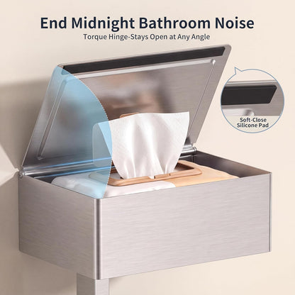 FORIOUS Toilet Paper Holder with Shelf, Wall-Mounted Modern Wipes Dispenser | Brushed Nickel | Toilet Paper Holder with Storage for Bathroom | Fits Wipes, Sanitary Napkin, Tampon | 8.0"x5.3" Large Shelf