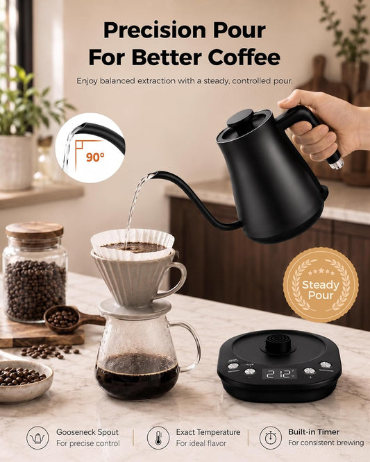 Gooseneck Electric Kettle with ±1℉ Temperature Control, 304 Stainless Steel Interior, BPA Free, 1200 Watt Rapid, Brew Timer, Automatic Shut Off for Pour Over Coffee, Brew Tea（Matte Black）