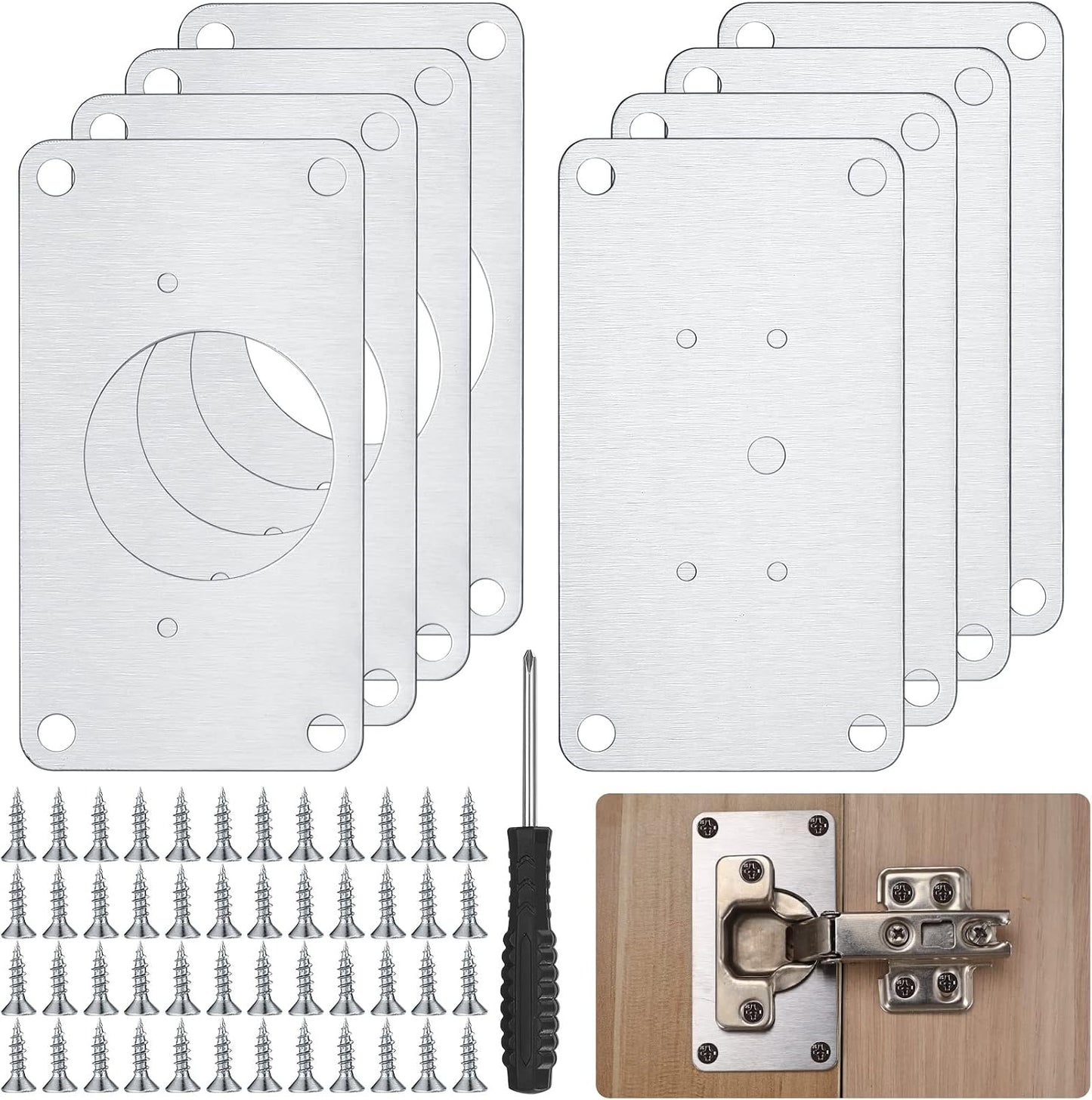 8 Pcs Cabinet Hinges Repair Plates, Cabinet Doors Hinge Repair Kit | cabinet door repair,stainless steel repair plate,Furniture Cabinet Drawer Window Repair Plates with Screwdriver