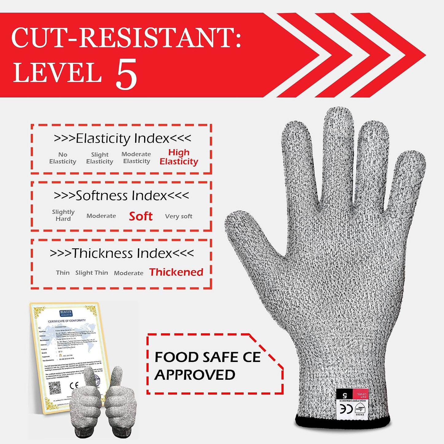 Level 5 Cut Resistant Gloves for Kitchen Food Grade, Machine Washable for Indoor&Outdoor Use