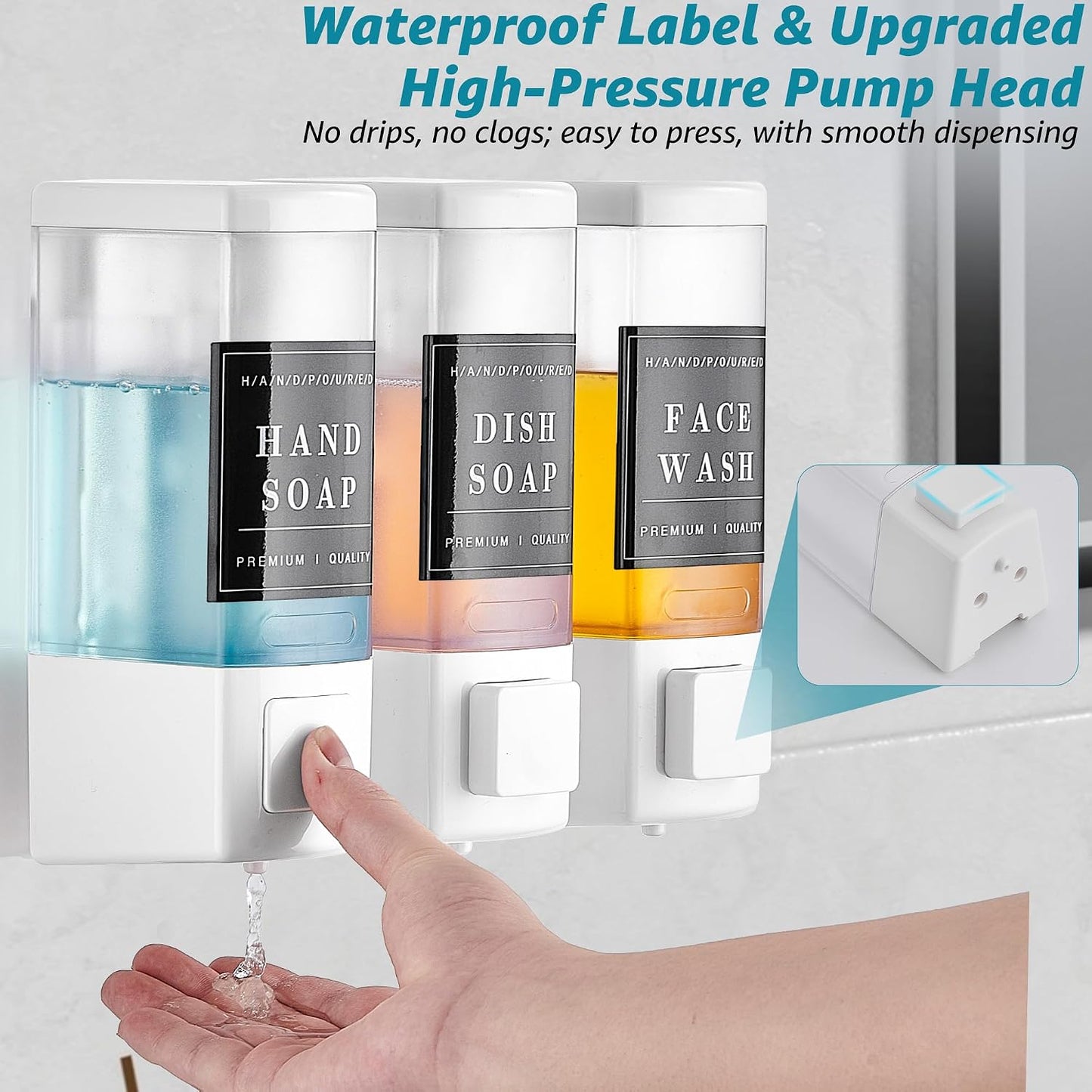 Shampoo and Conditioner Dispenser for Shower, 3 Chamber, Black | Wall Mounted, No Drill, 3×16.9oz, ABS Plastic Material, Refillable With Labels, For Bathroom Hotel