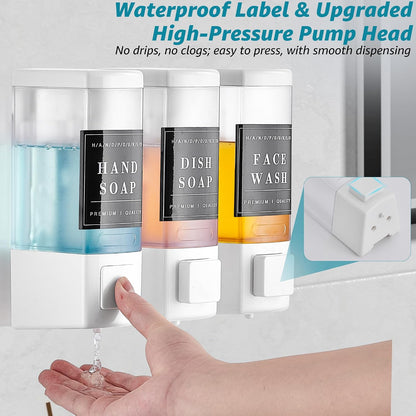Shampoo and Conditioner Dispenser for Shower, 3 Chamber, Black | Wall Mounted, No Drill, 3×16.9oz, ABS Plastic Material, Refillable With Labels, For Bathroom Hotel