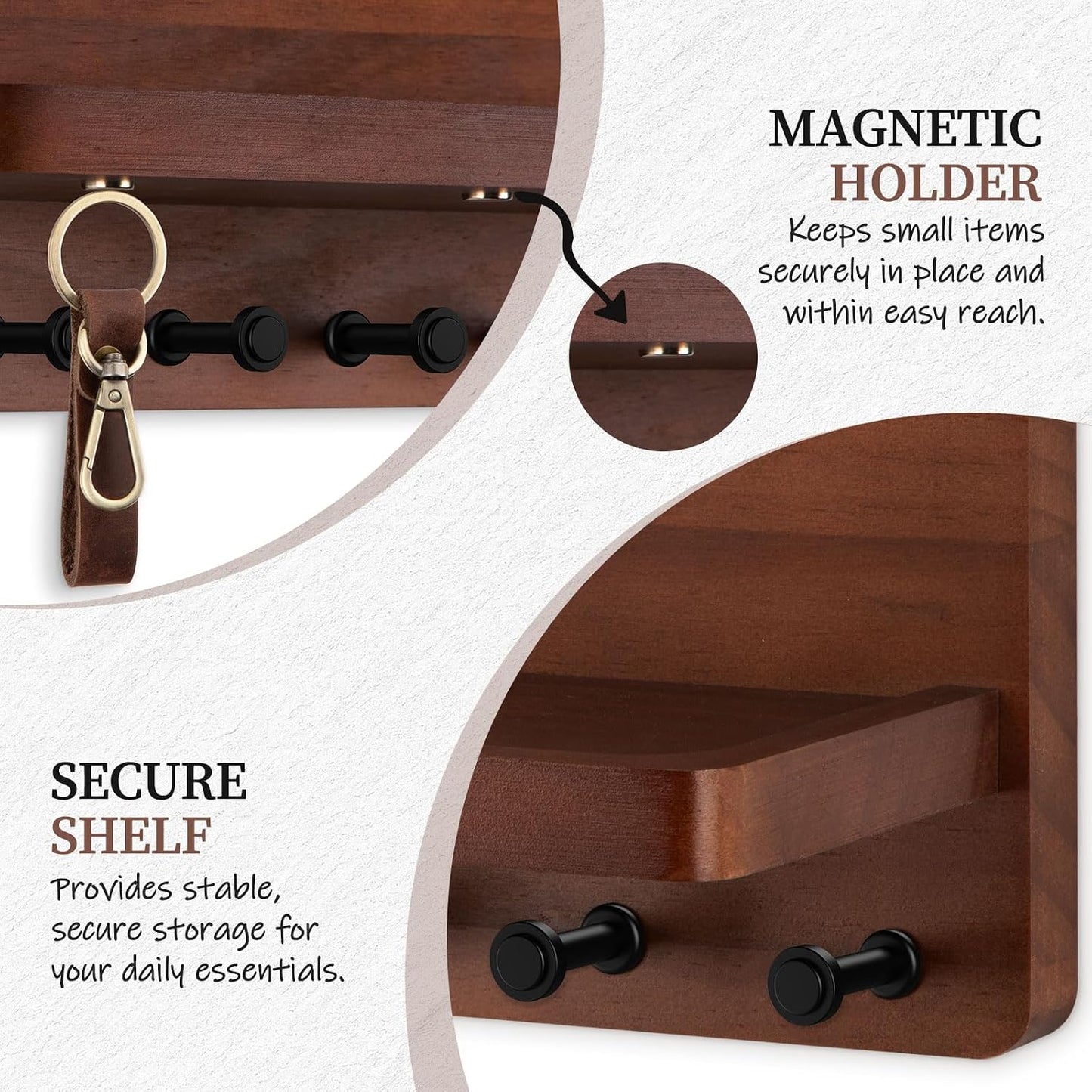 Nekon Key Holder for Wall with Shelf, Pine Wooden Key Hanger, Black | Small Wall Mounted Key Holder with 4 Hooks, Farmhouse Wall Organizer for Home Entryway & Apartment