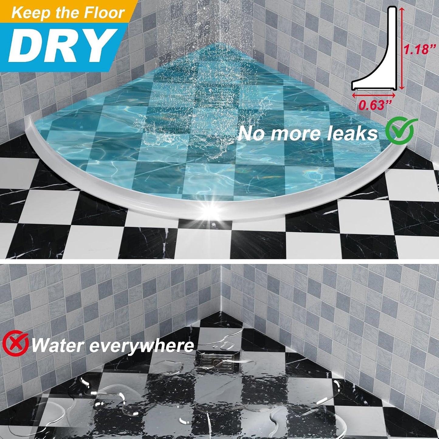 39" Shower Threshold Water Dam Silicone Shower Water Guard Collapsible Shower Door Bottom Seal Shower Splash Guard for Wet and Dry Separation