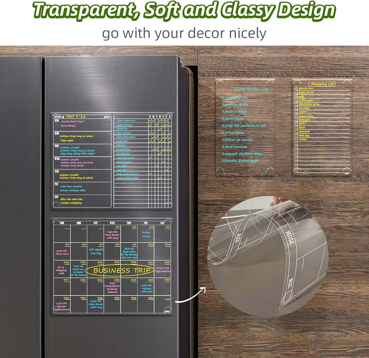 JJPRO Non-Magnetic Dry Erase Calendar for Fridge, Monthly Calendar, Weekly Planning Board Bundle for All Smooth Surfaces. Clear Reusable Calendar Stick to Fridge,Cabinet,Door&Glass