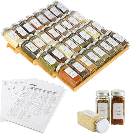 Spice Drawer Organzier,4 Tiers Bamboo Spice Rack Tray Insert for Cabinet Drawer Countertop, Kitchen Seasoning Storage Drawer Organization,14.57" Wide x 15.8" Deep （Hold UP To 32 Jars