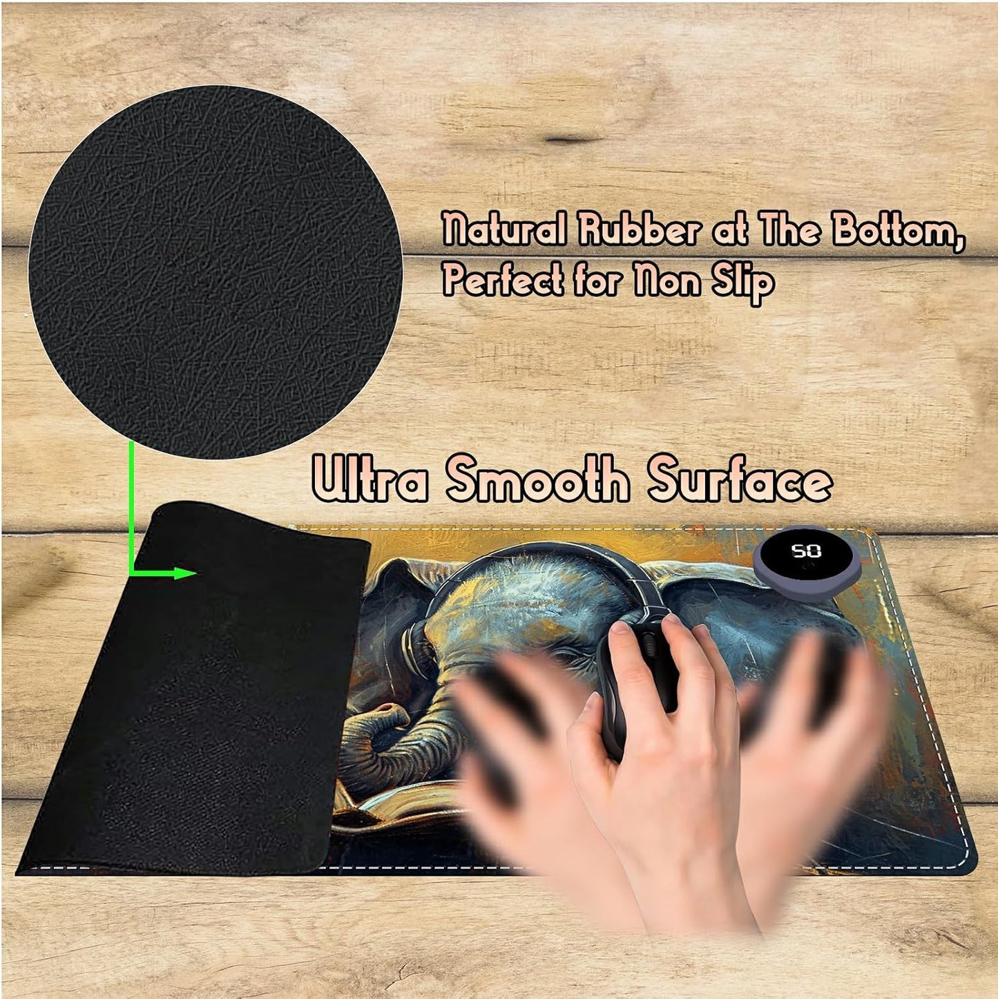 Heated Desk Pad Heated Large Mouse Pad, Electric Quickly Warm Desk Mat with 3 Levels Heating 3 Hours Auto Shut-Off, 31.5" x 13" Warm Gaming Mousepad Hand Foot Warmer, Baby Elephant