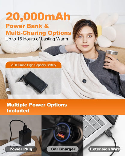 MIMYTH Cordless Heated Blanket with Hood, Rechargeable Wearable Heated Blanket Battery Powered with Lasting Battery, Portable Heated Throw Blanket with 9 Heating Zones & 3 Levels, Camping (Wool Gray)