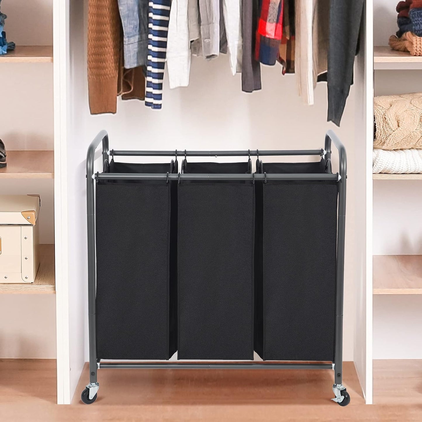 STO STO Laundry Sorter 3 Section, 3 Bag Clothes Hamper, Rolling Laundry Cart Basket with Heavy Duty Lockable Wheels and Removable Bag for Laundry Room, Bedroom, Closet, Black