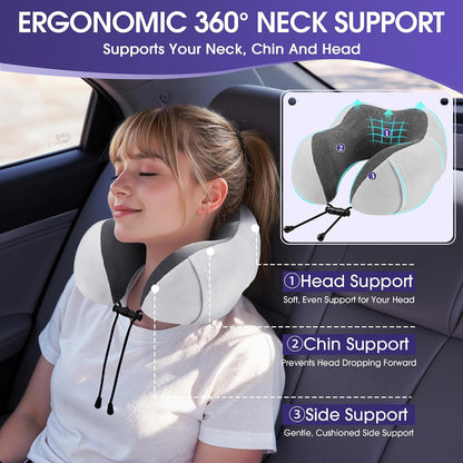 CloudBliss Neck Pillow for Airplanes, Memory Foam Travel Pillow, Black | Compact Flight Pillow with Eye Mask, Earplugs, Carry Bag, Travel Neck Pillow for Long Flight Sleep, Plane Travel Essentials