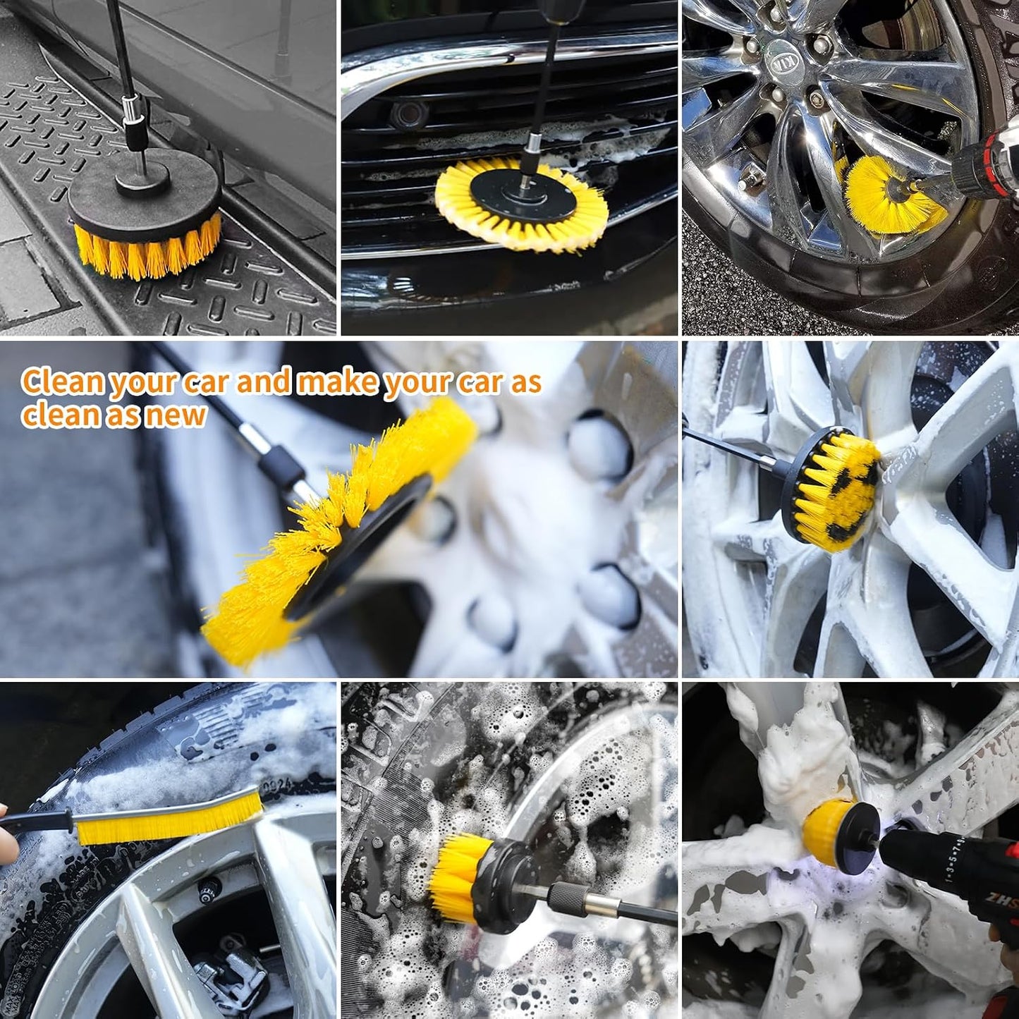 10 Pcs Drill Brush Attachment Set, Drill Scrubber Brush Kit, Drill Cleaning Brush, Scrub Brush for Grout Floor Tub Shower Bathtub Tile Sink Toilet Bathroom Kitchen Car Yellow