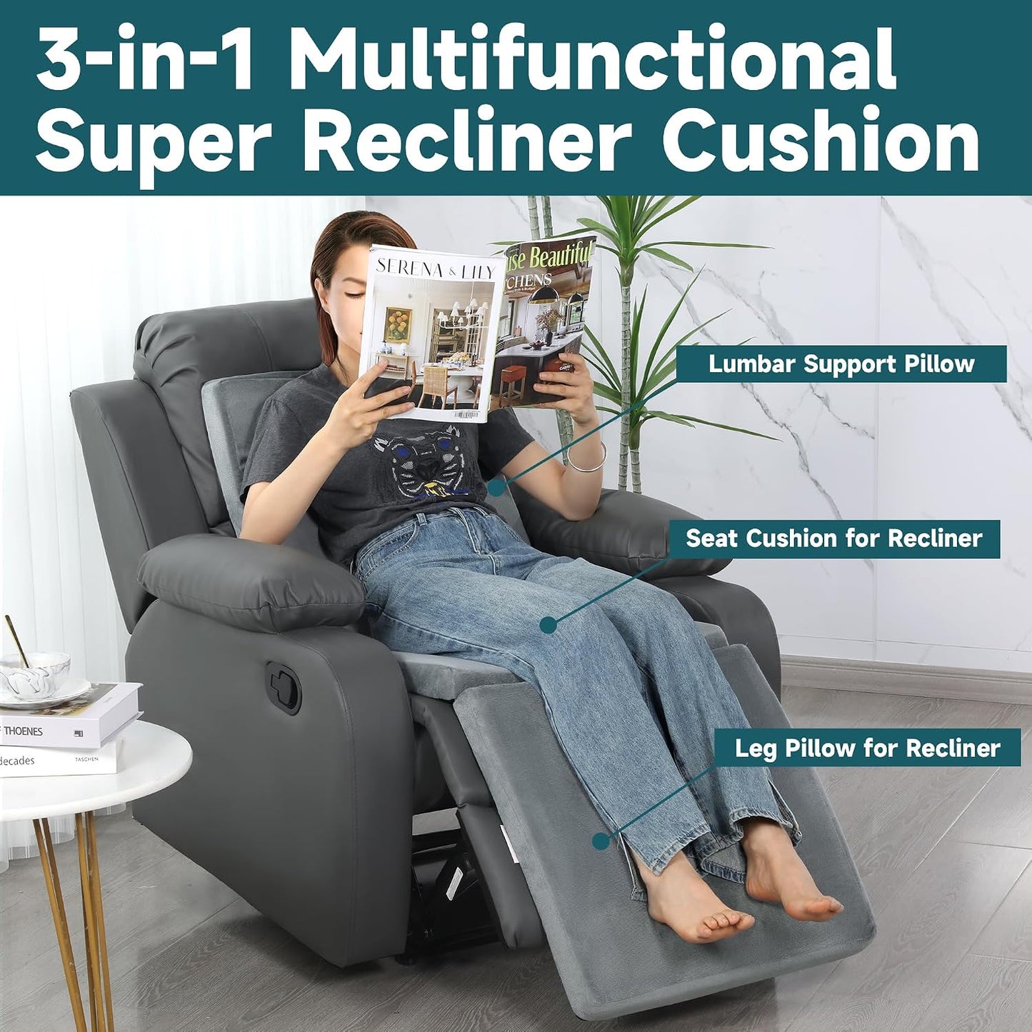 HOMBYS 3-in-1 Recliner Seat Cushion with Lumbar Support Pillow & Footrest, Multi-Functional Adjustable Height 2" to 6" for You to Choose, Non-Slip Foam Chair Cushion for Elderly, Brown