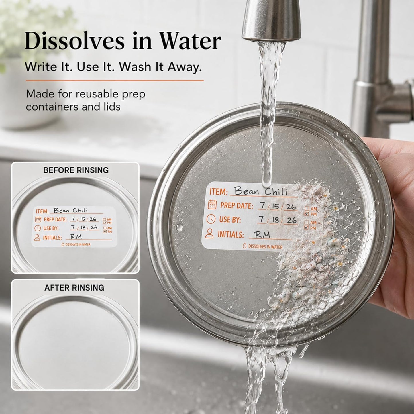 Water Dissolvable Prep & Use By Food Labels, 1 x 2, 500/Roll | Writable Rotation Stickers with Item, Date, AM/PM and Initials for Restaurants, Kitchens, Freezers and Storage. Made in USA