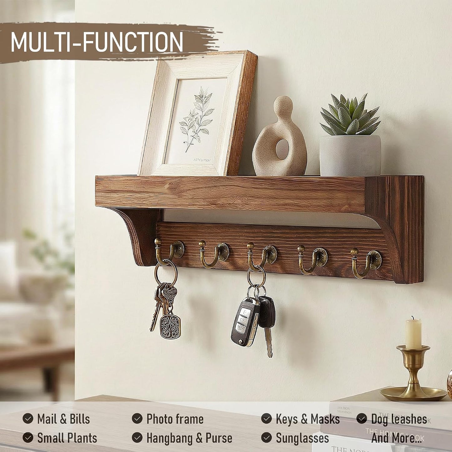 Rebee Vision Key Holder Wall Mount with 5 Hooks for Entryway, Retro Brown | Display Shelf for Plant & Letters, Key Shelf for Hats, Dog Leashes, Mail Organizer, Decorative Entryway & Living Room