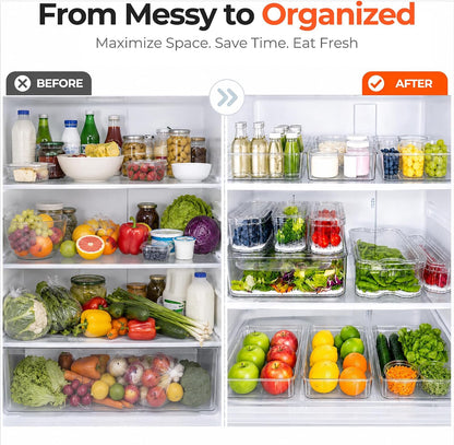SMRCAD 6 Pack Clear Fridge Organizer Bins with Drain Trays - Stackable | BPA-Free PET, 6 Pack: 6 lidded Bins (Not drawer), Helps Keep Produce Fresh, 14L Capacity, Hand Wash Only