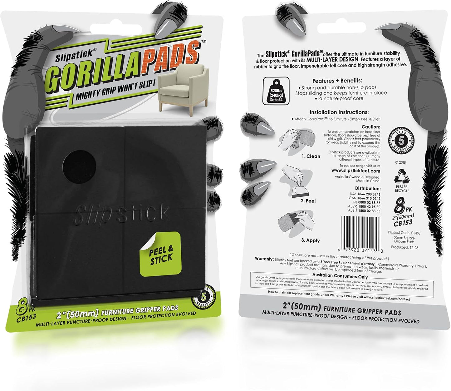Slipstick GorillaPads CB147 Non Slip Furniture Pads/Gripper Feet (Set of 16) Self Adhesive Rubber Floor Protectors, 1 inch Round, Black