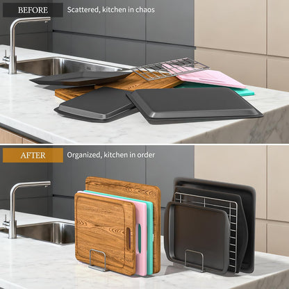 Cutting Board Organizer Holder Stand, Stainless Steel, 1PC(1.0in) | 4 Slots, For Baking Sheet and Cookie Sheet, Storage Rack